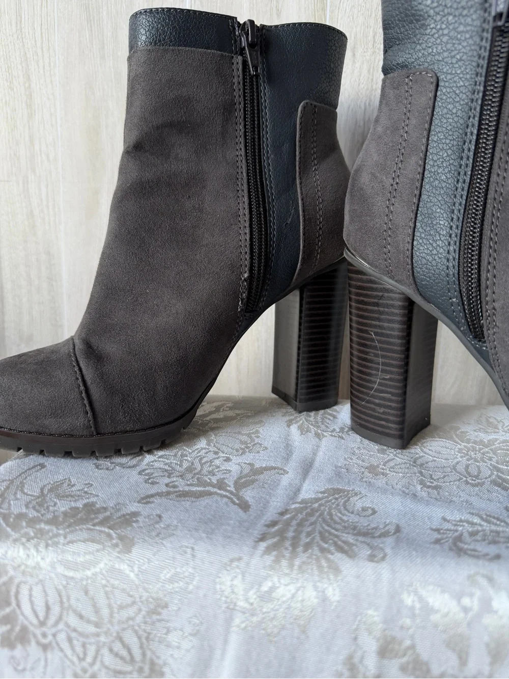 Juicy Couture Charcoal Suede Block Heel Ankle Boots with Black Cuff